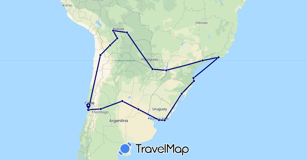 TravelMap itinerary: driving in Argentina, Bolivia, Brazil, Chile, Paraguay, Uruguay (South America)